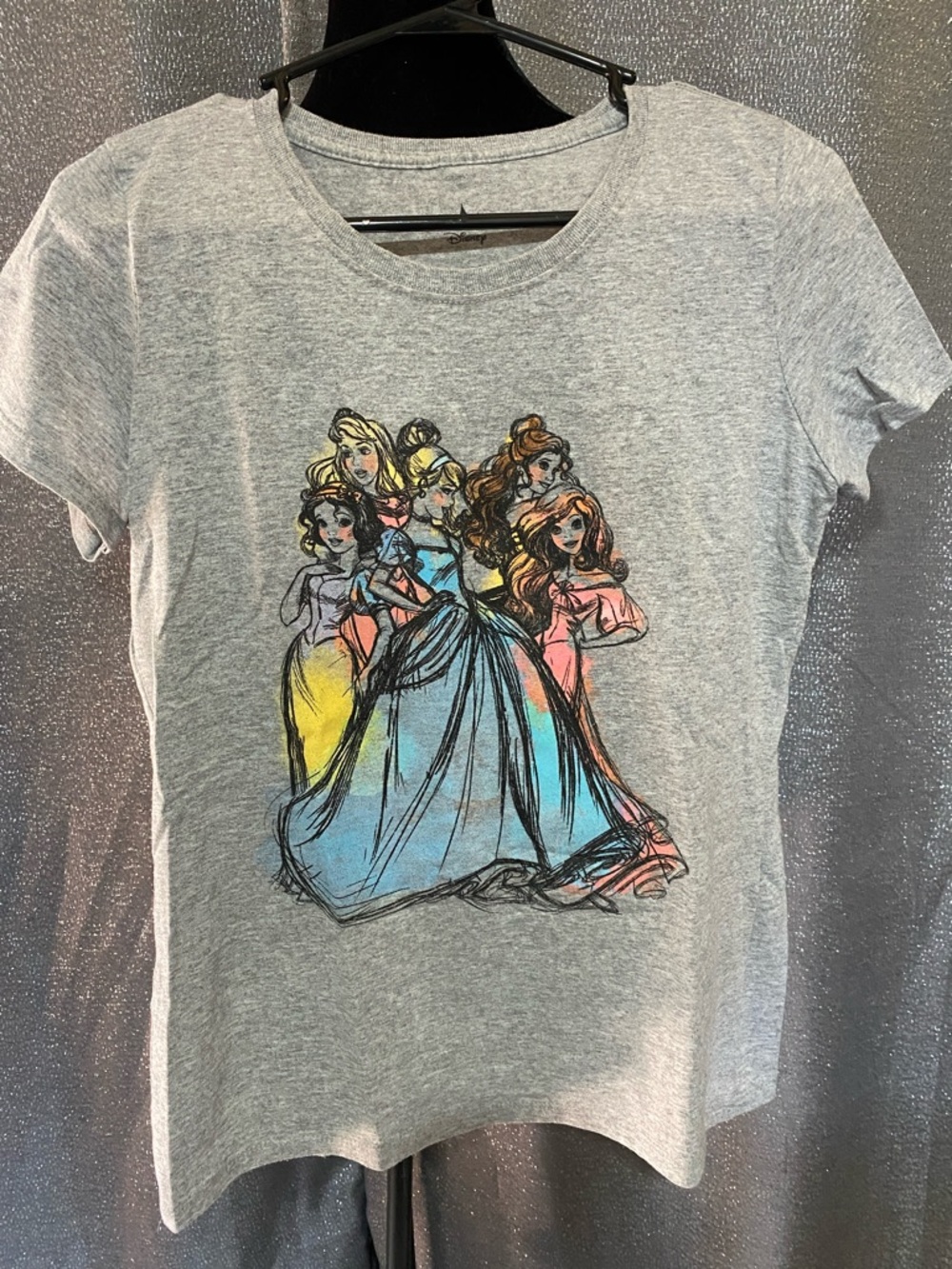 Disney Girls Heather Gray Princess Sketch Tee with Blue, Yellow & Pink Accents